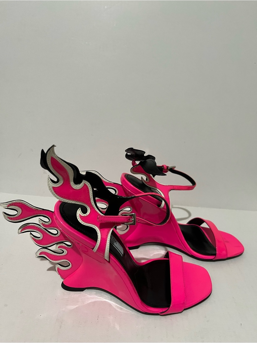Prada Neon Pink Flame Wedge Sandals with Black & Silver Accents - Picture 1 of 10
